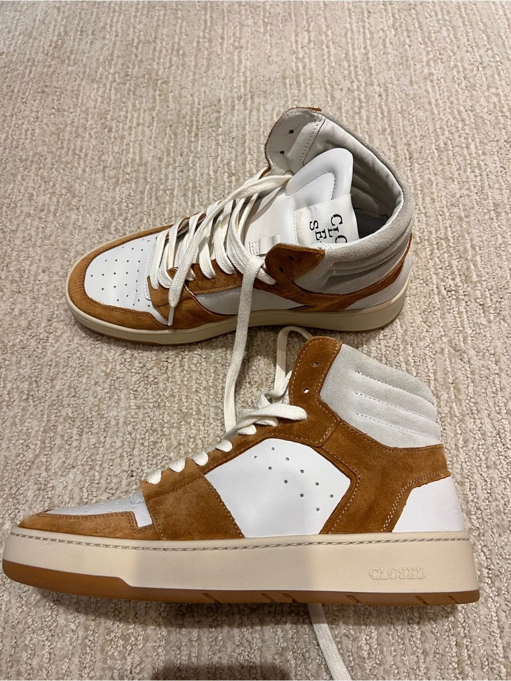 Brand New Closed Size 37 High-Top Suede & Leather Sneakers - White & Tan